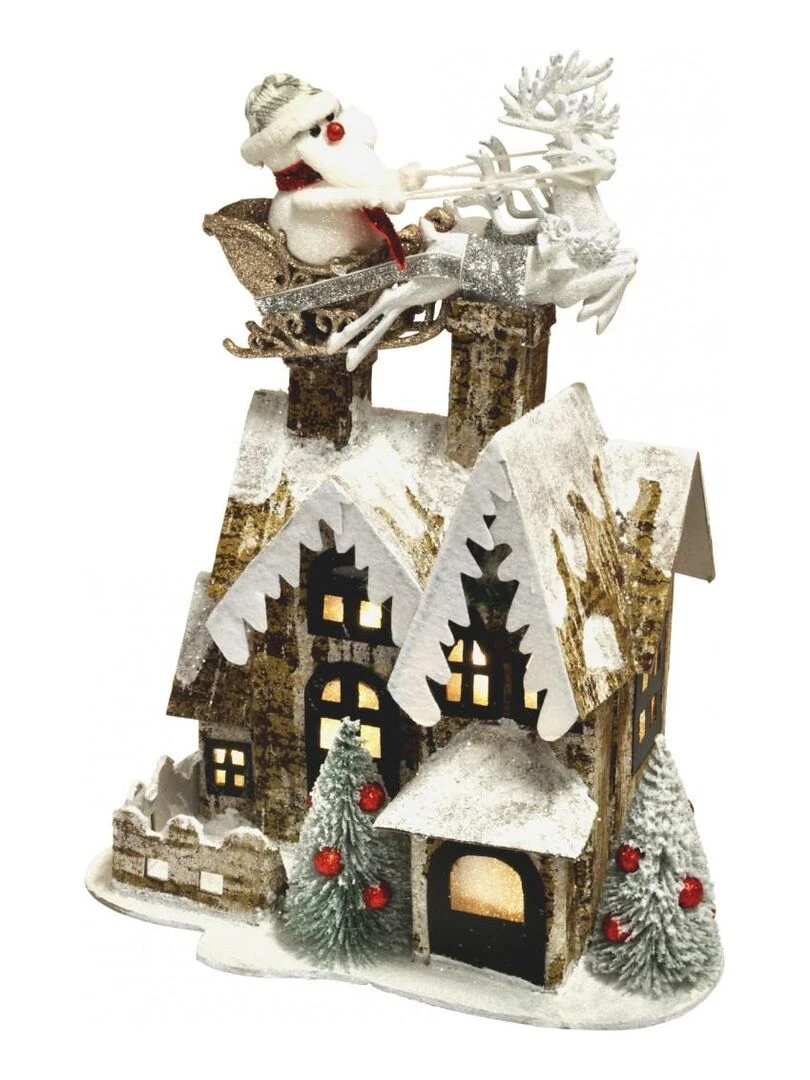 Maison en carton a led avec traineau de noel Marron