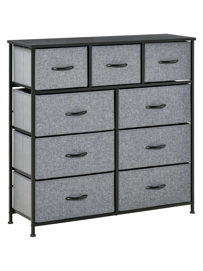 Rangement commode 9 tiroirs plateau acier MDF noir non tissé gris Gris
