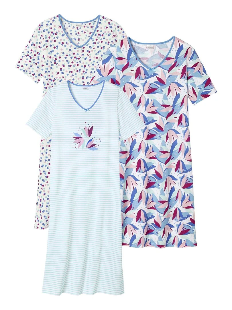 Lot de 3 chemises de nuit imprimées pur coton peigné Damart Violet