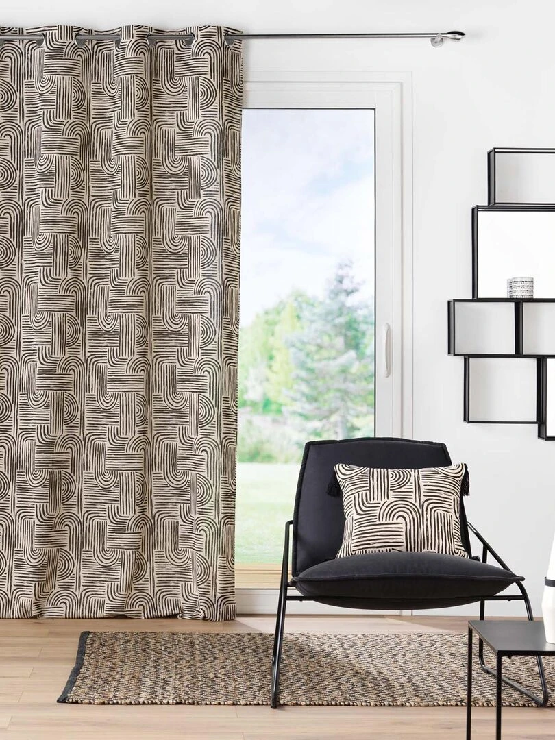 Rideau à œillets avec motifs ethniques   Noir
