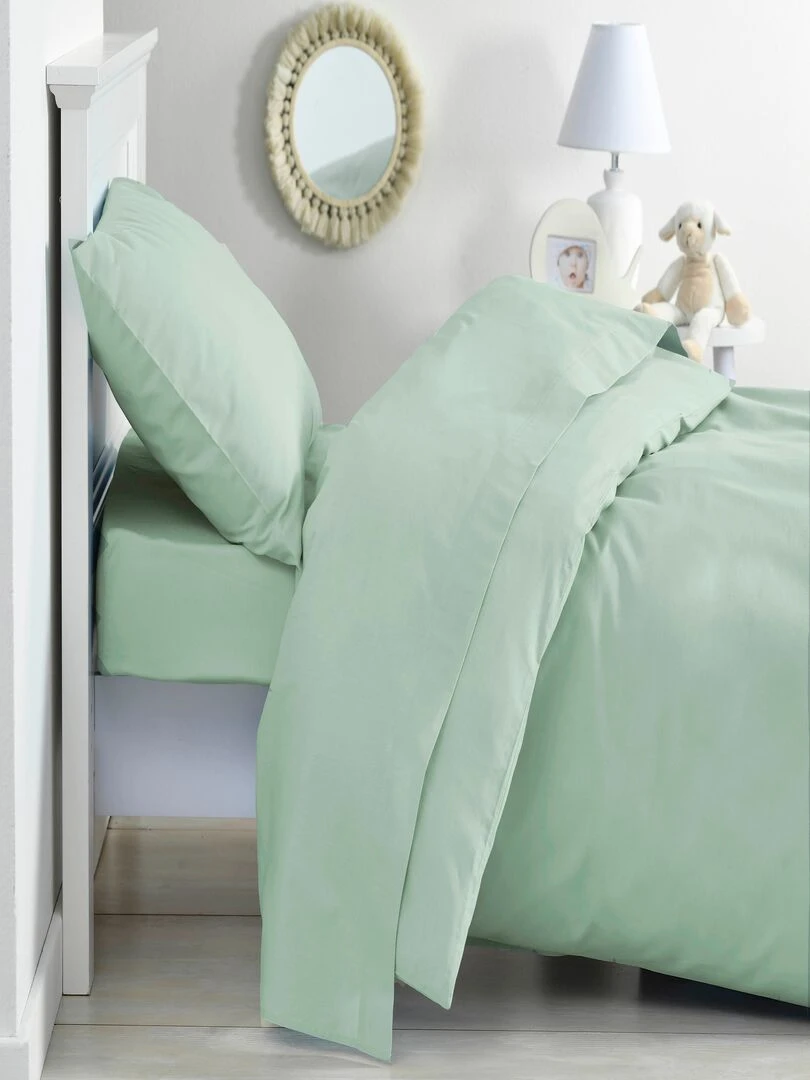 Parure de lit housse de couette 100x140 cm + taie 40x60 cm Coton Bio 'P'tit Basile' Vert d'eau