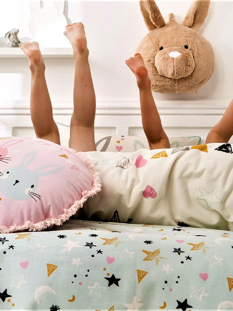 Future Home Coussin coton rose et bleu avec lapin 35cm Rose