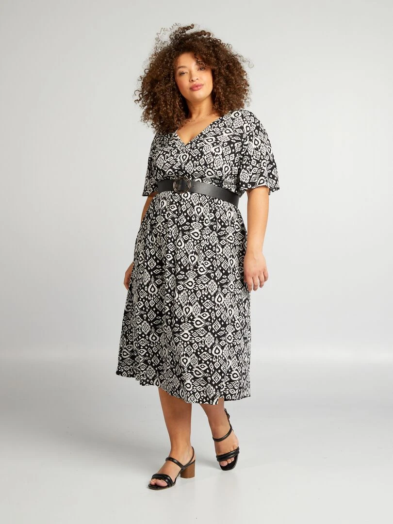 Robe midi stretch avec manches papillon Noir/blanc