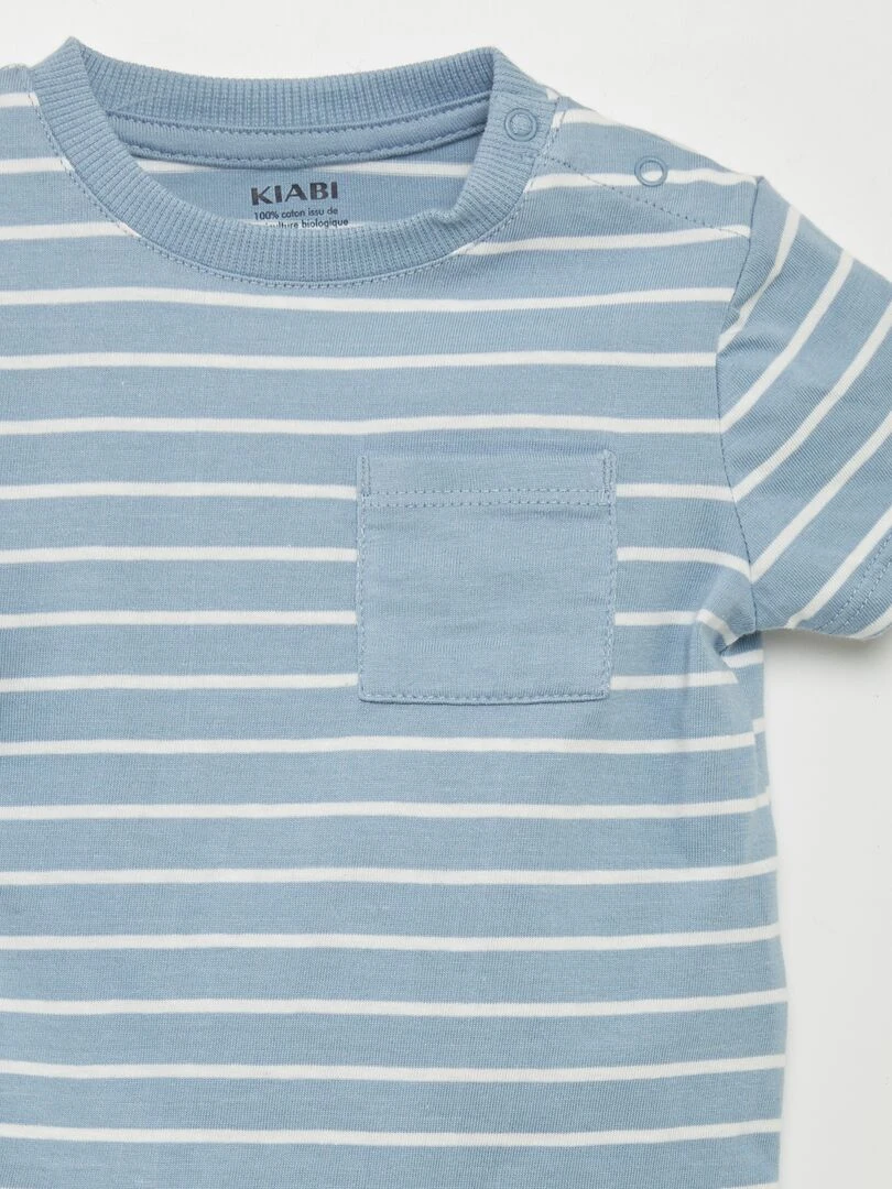 T shirt imprimé à poche   Bleu rayé