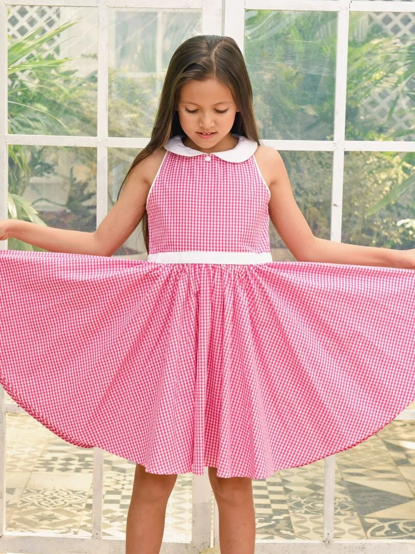 Robe Qui Tourne Fille Carrx Vichy Rose Col Claudine HEPBURN 'LA FAUTE A VOLTAIRE' Rose framboise