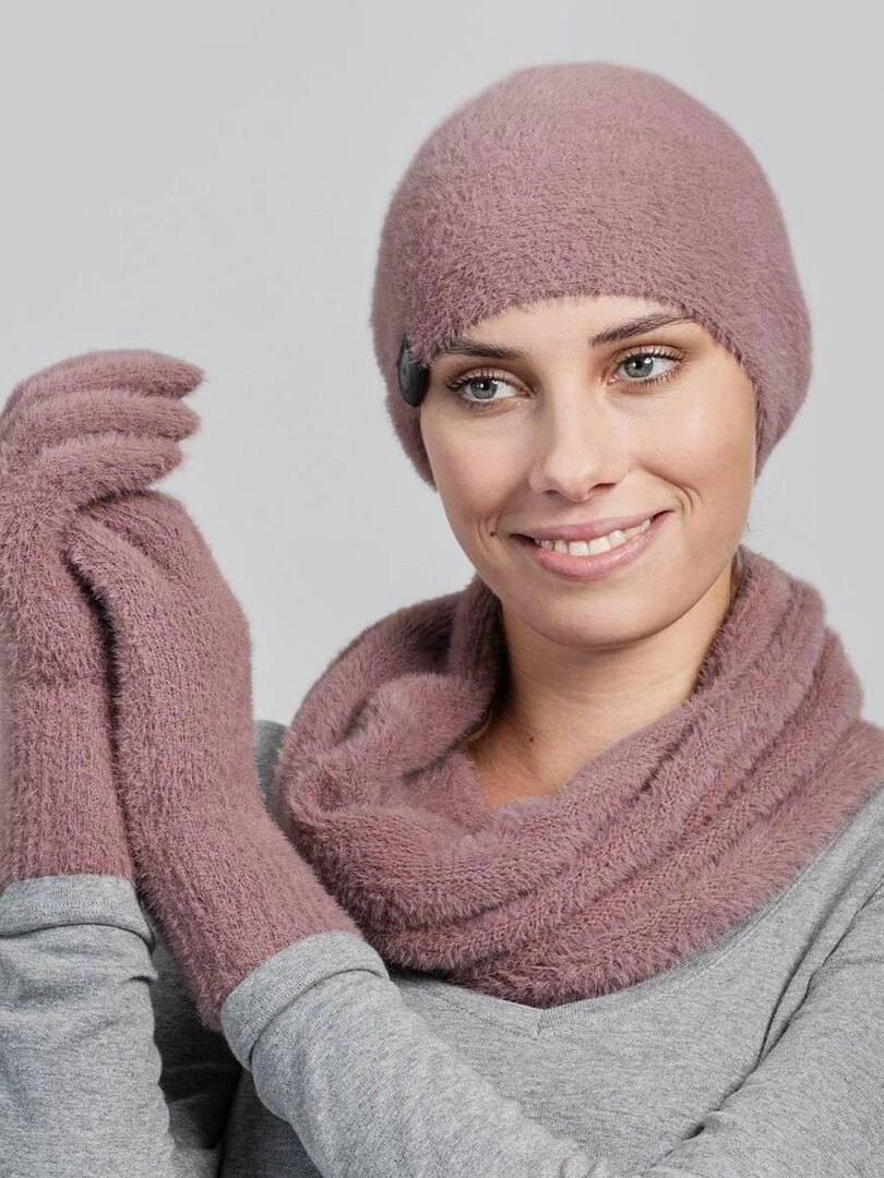 Ensemble Snood Bonnet Gants Etama Made in UE Vieux rose