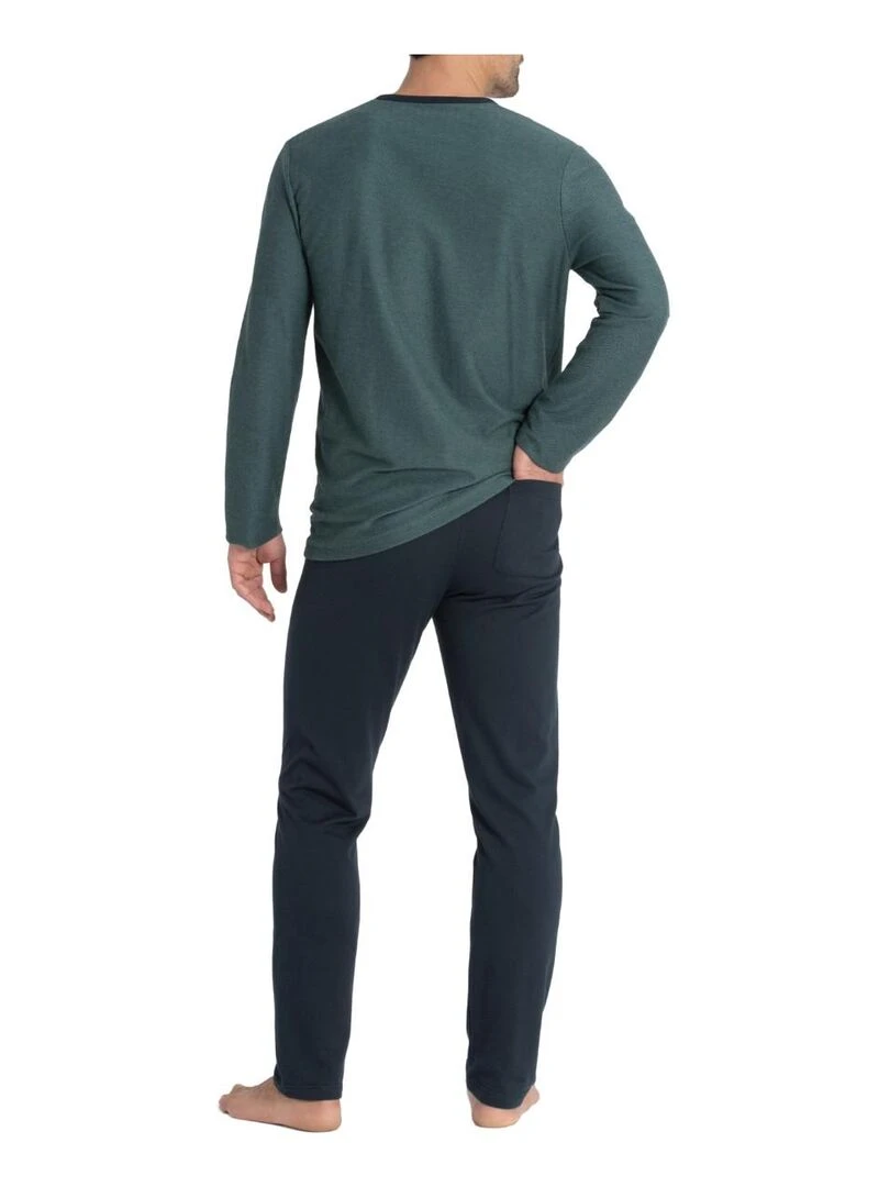 Pyjama long cardé 100% coton à micro motif jacquard Zen Vert