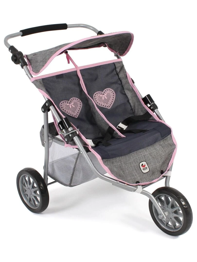 Poussette Jogger 3 roues pour poupées jumelles gris bleu marine N/A