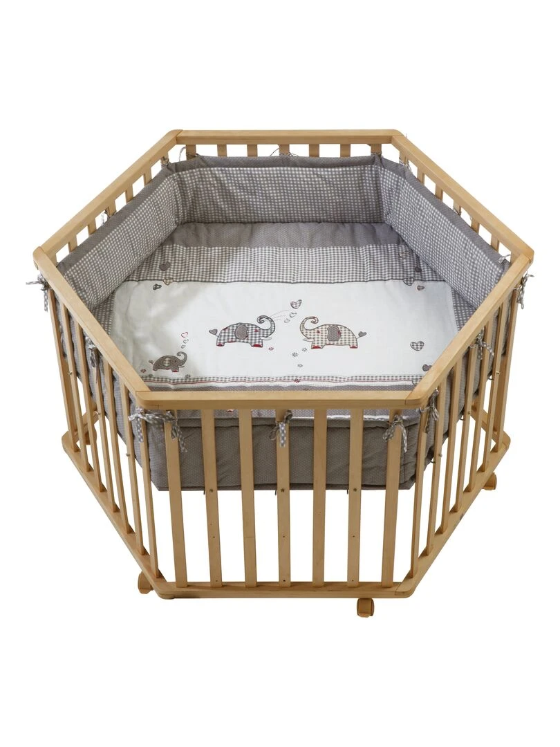 ROBA Parc Bébé Hexagonal en Bois "Jumbo Twins" + Tapis de Parc et Roues à Freins Blanc Marron