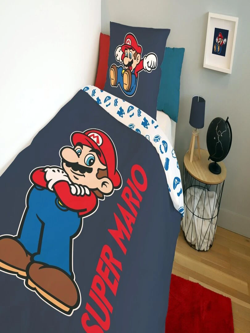 Housse De Couette Super Mario et Taie D'Oreiller 100% Coton Bleu marine