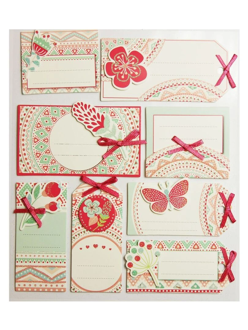 8 étiquettes autocollantes cadeaux Papillons et fleurs Paillettes et rubans N/A