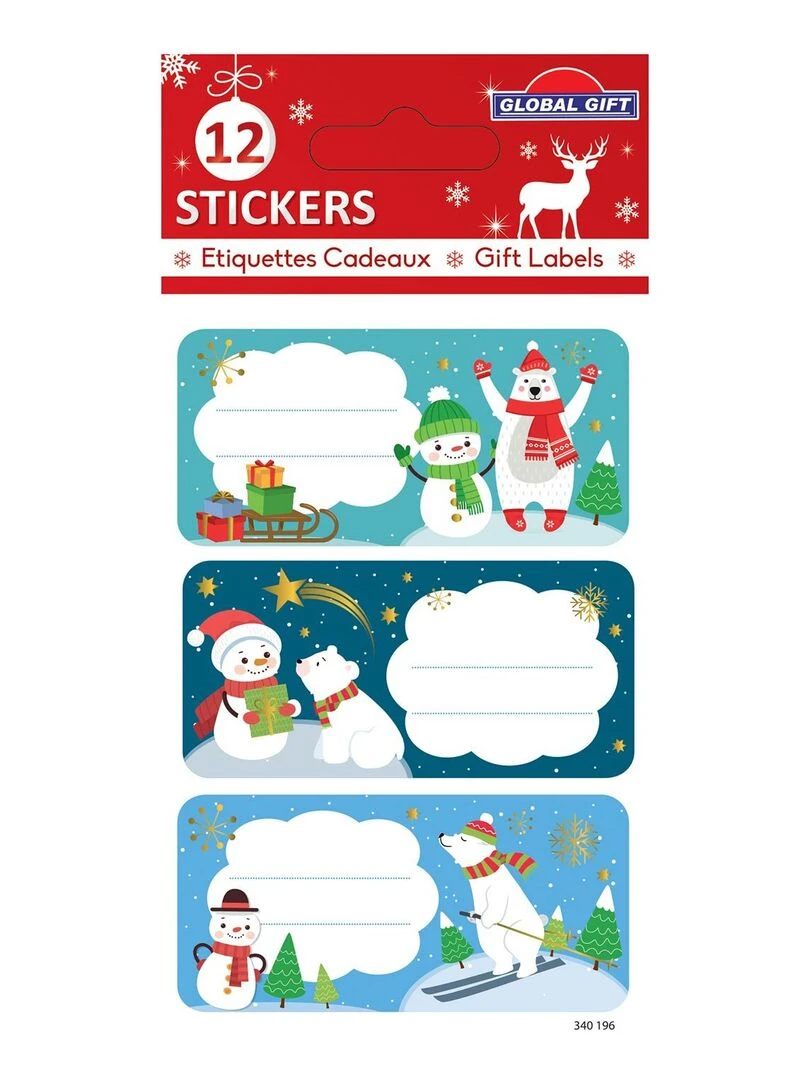 12 étiquettes adhésives de Noël Bonhomme de neige et Ours blanc N/A
