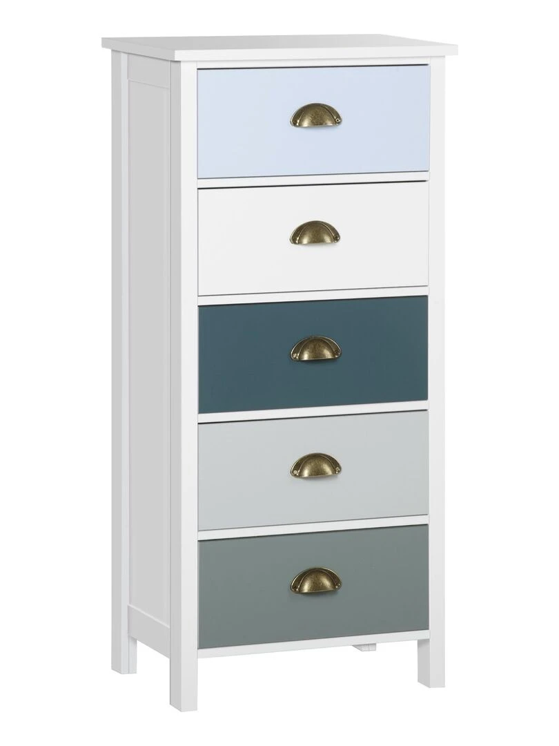 Chiffonnier 5 tiroirs design néo rétro blanc bleu gris Blanc