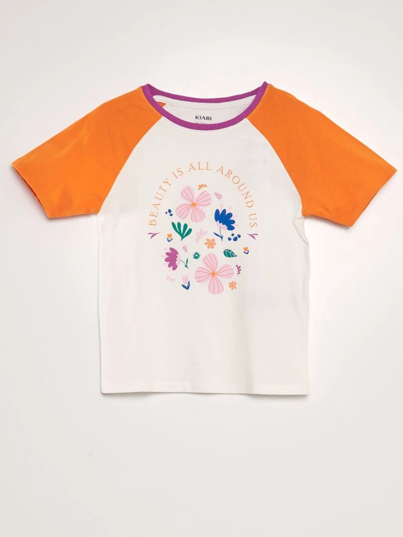 T shirt en coton à col rond Blanc/orange