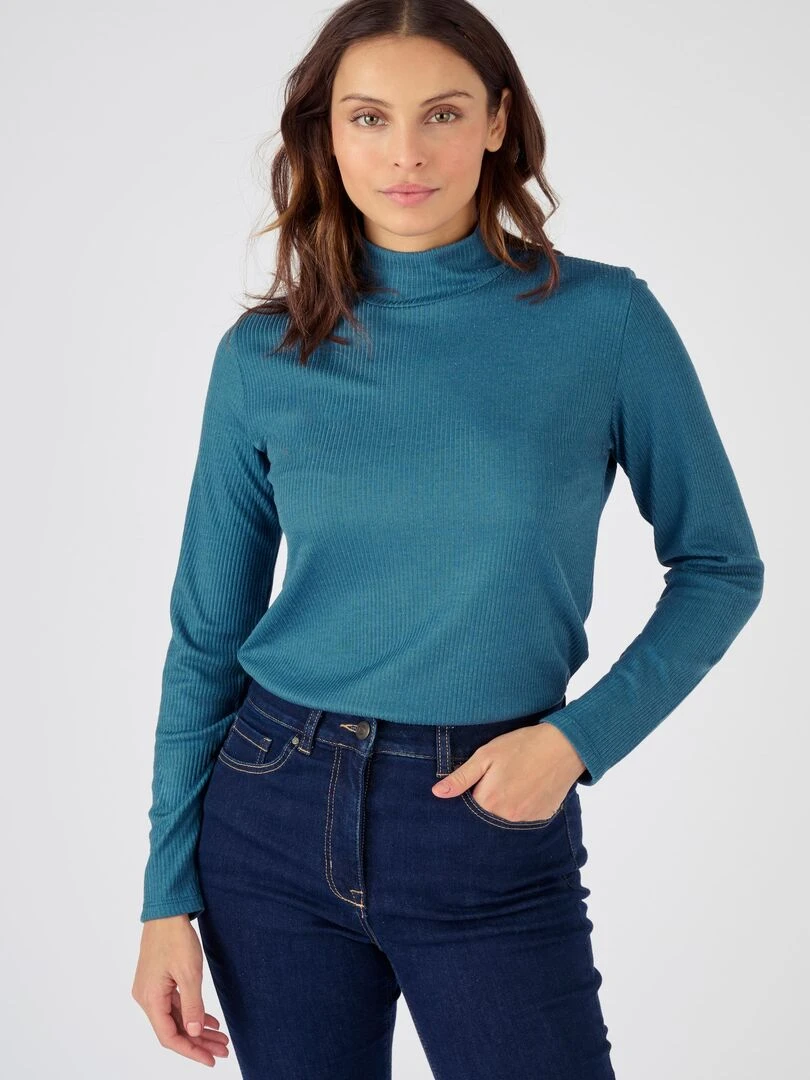 Sous pull col montant maille côtelée Thermolactyl et soie Damart Bleu pétrole