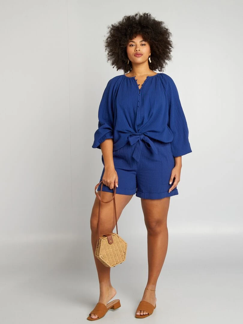 Short taille haute en gaze de coton Bleu