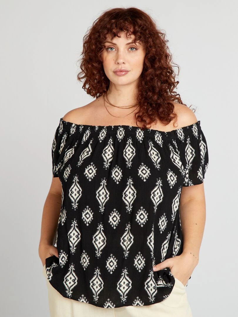 Blouse fantaisie à emmanchures bardot Noir