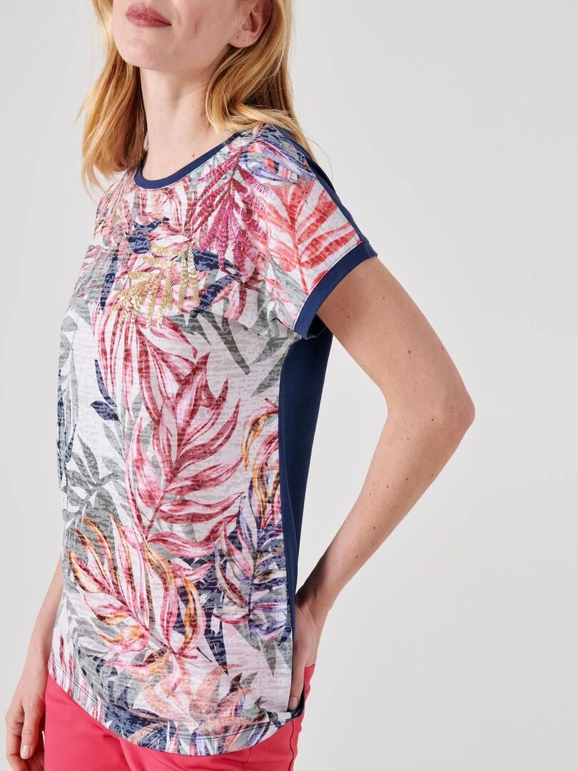 Tee shirt uni et imprimé à sequins   Damart   Rose