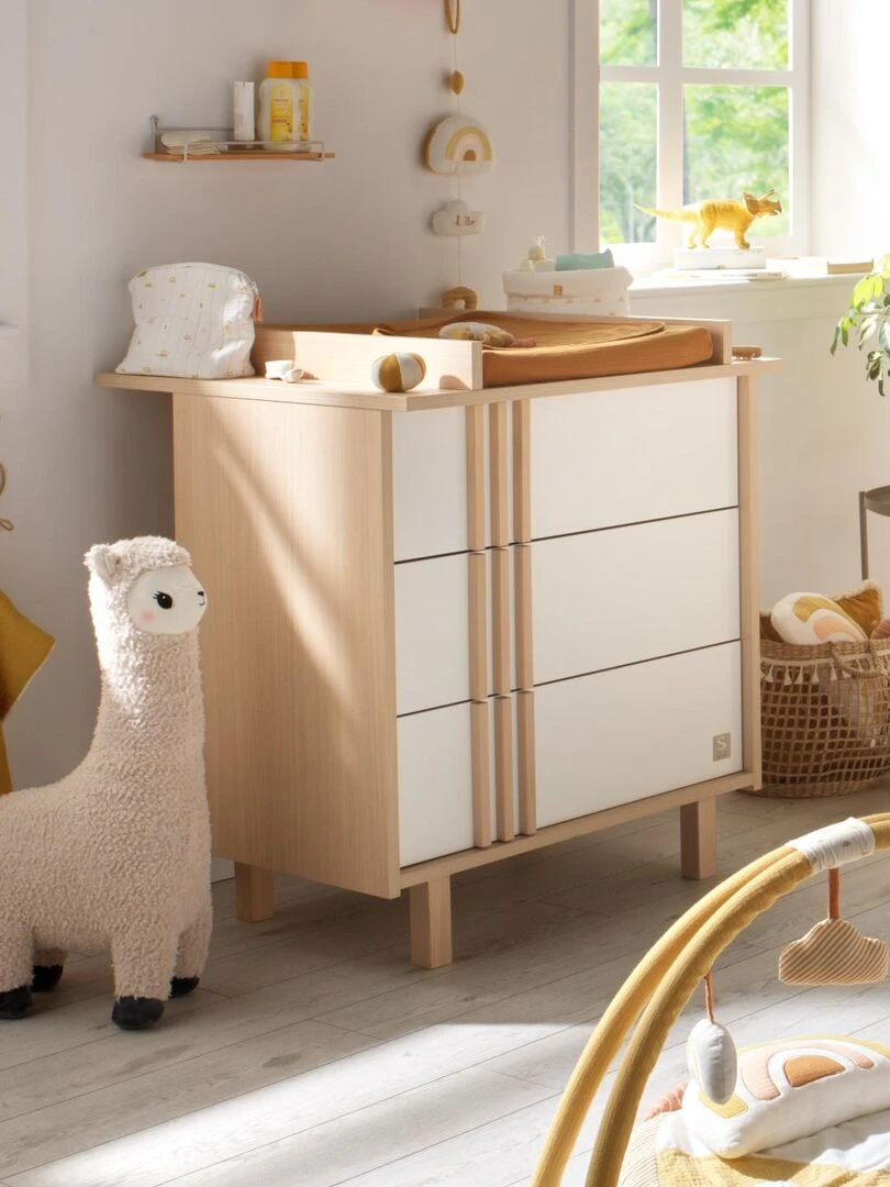 Commode 3 tiroirs en décor chêne velours et blanc avec appliques en bois   SAUTHON   Blanc