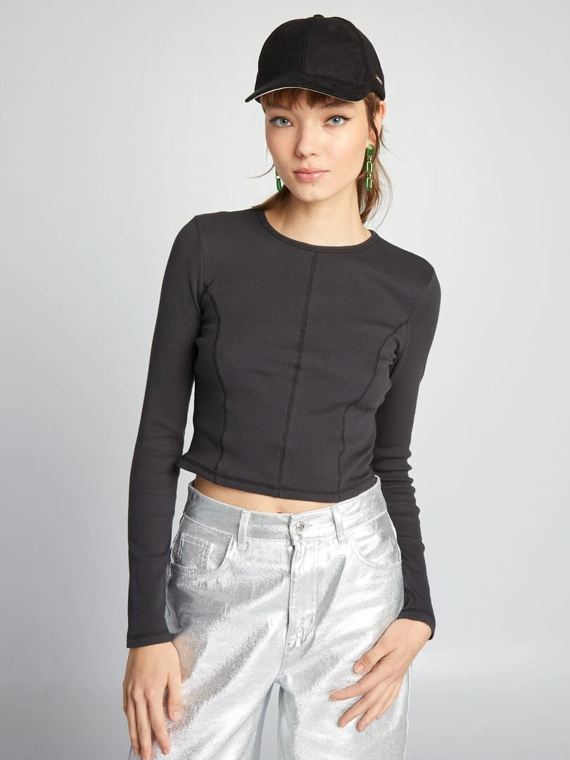 T shirt court à surpiqures apparentes   Gris