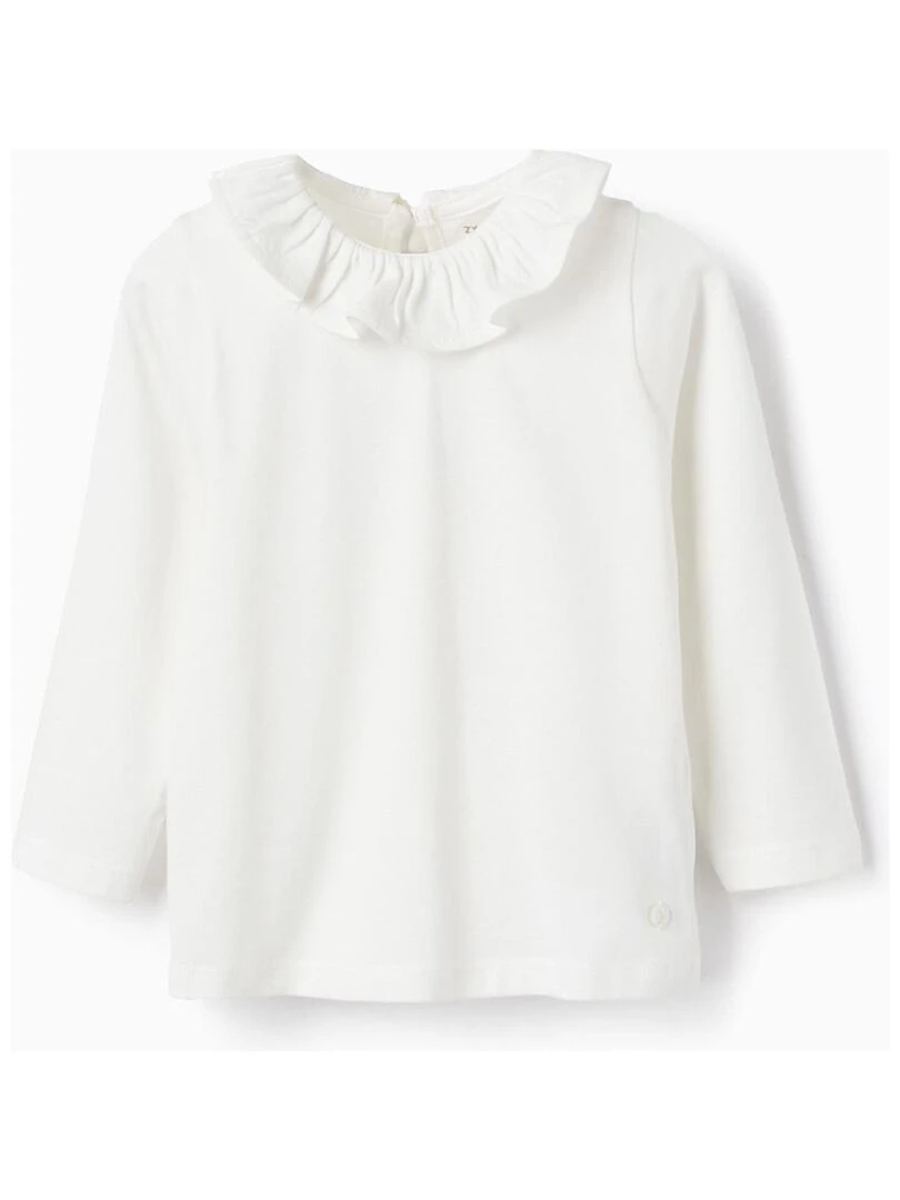 T Shirt À Manches Longues Avec Col À Volants Pour Bébé Fille manches longues Blanc