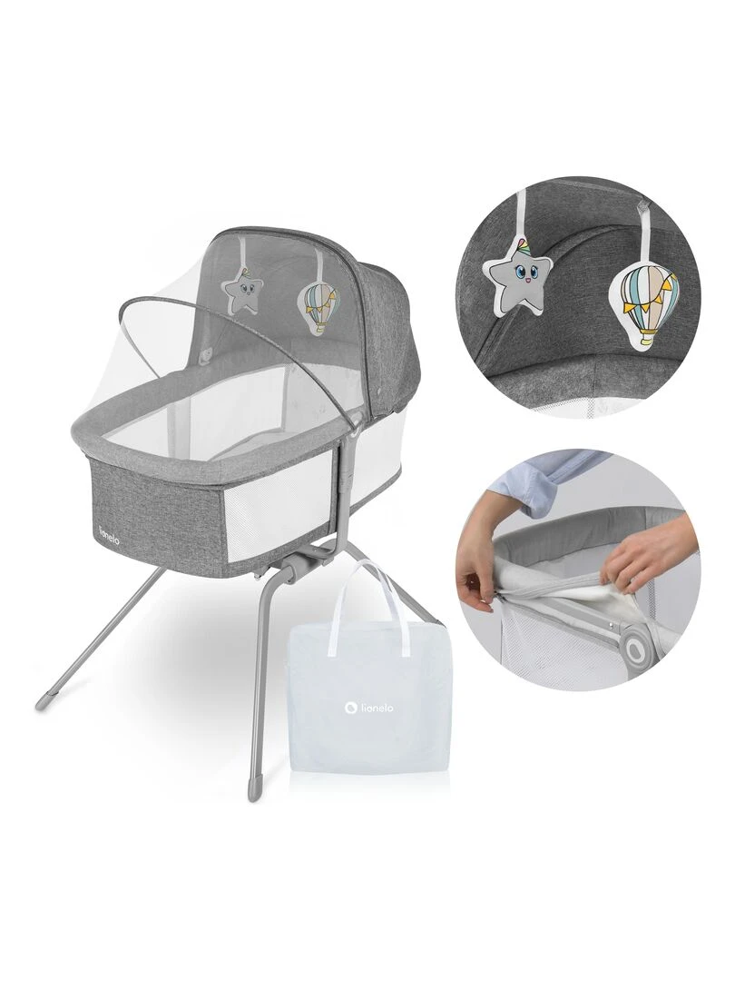 LIONELO Malin Lit Bébé Berceau Lit parapluie Jusqu'à 9kg Avec matelas Sac de transport Gris Blanc