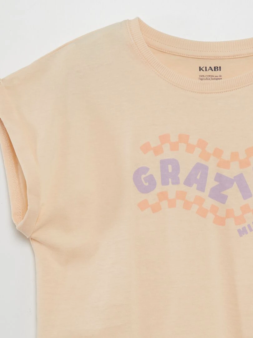 T shirt en jersey avec revers de manches   Beige