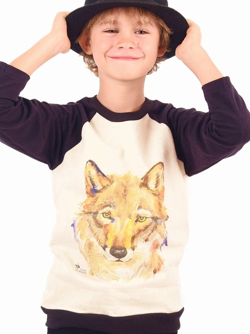 Sweat Shirt Beige Garçon  imprimé Loup  THE WOLF   'LA FAUTE A VOLTAIRE'   Noir Beige