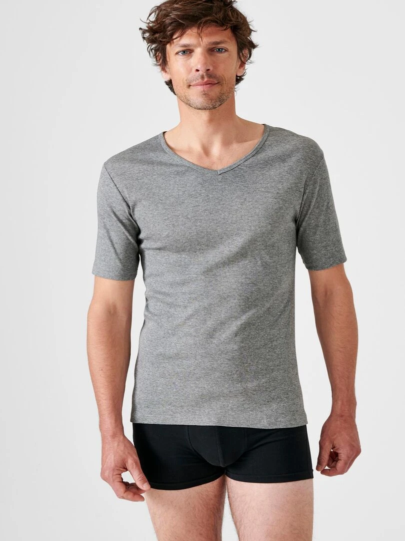 Lot de 2 t shirts col V manches courtes Essential pur coton peigné Damart Gris chiné
