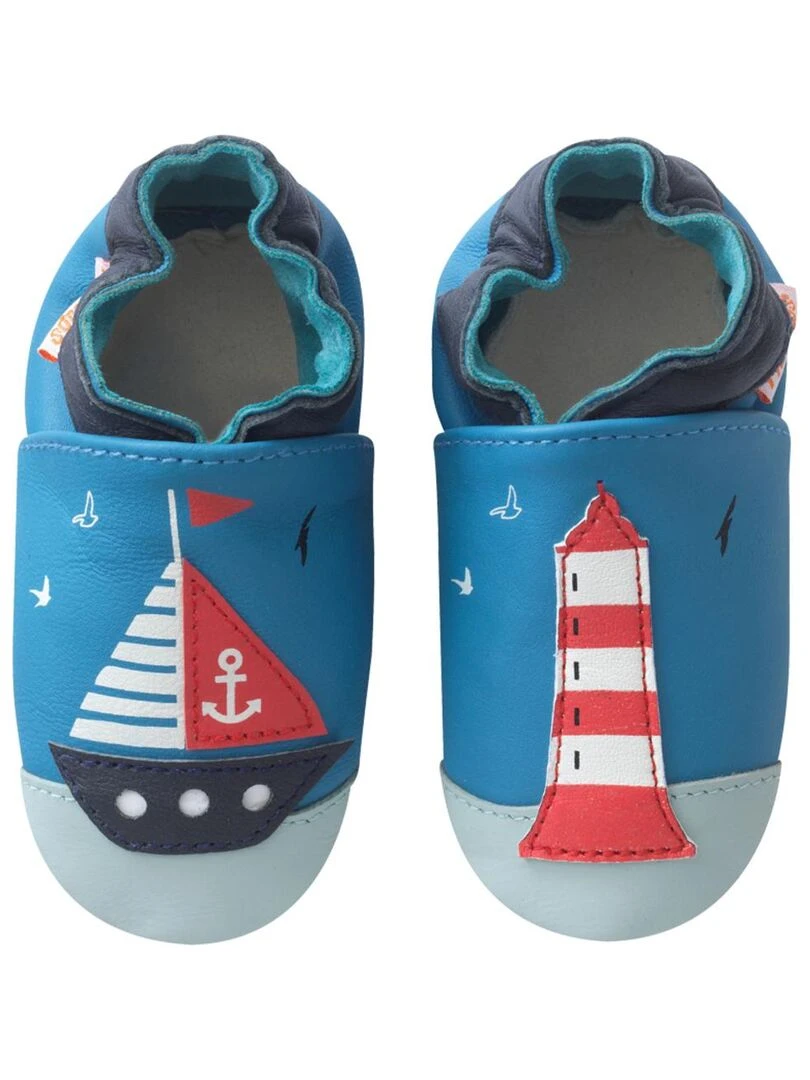 Chaussons bébé cuir souple Mathéo sur l'eau Bleu Bleu