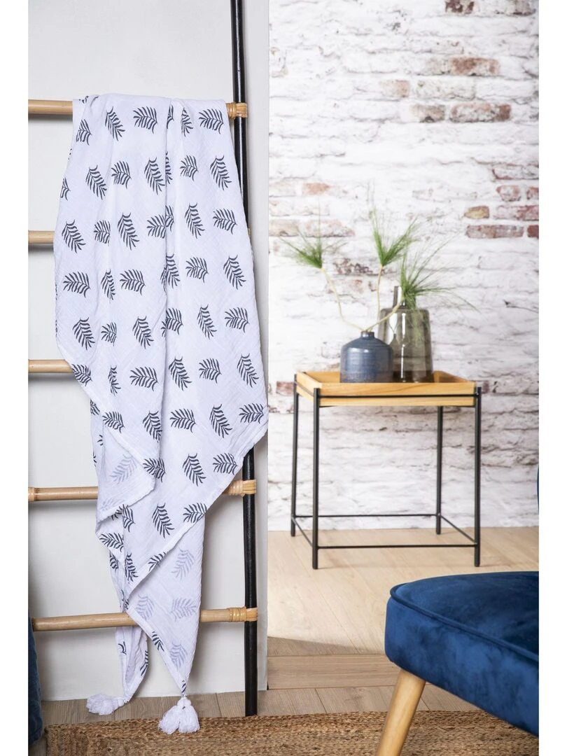 Plaid en double gaze de coton 'Deko&co' Blanc Gris