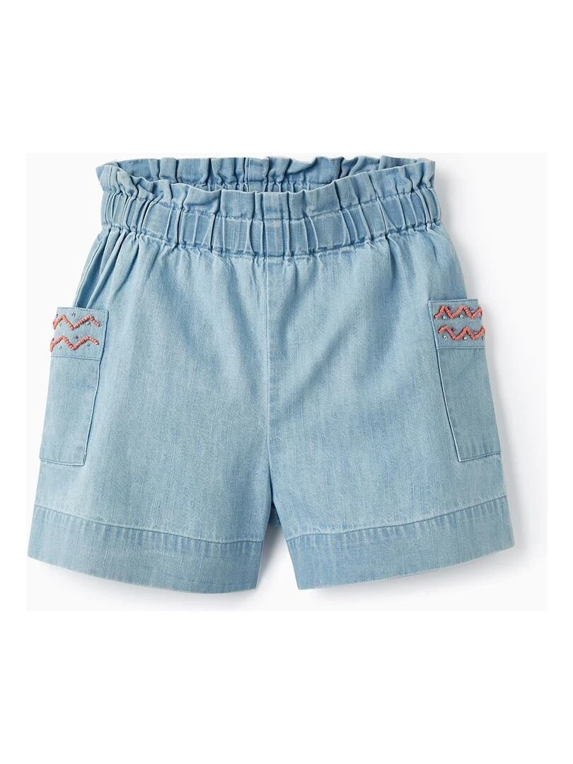 Shorts Paperbag en Denim de Coton avec Perles pour Fille SICILIAN DAYS Bleu