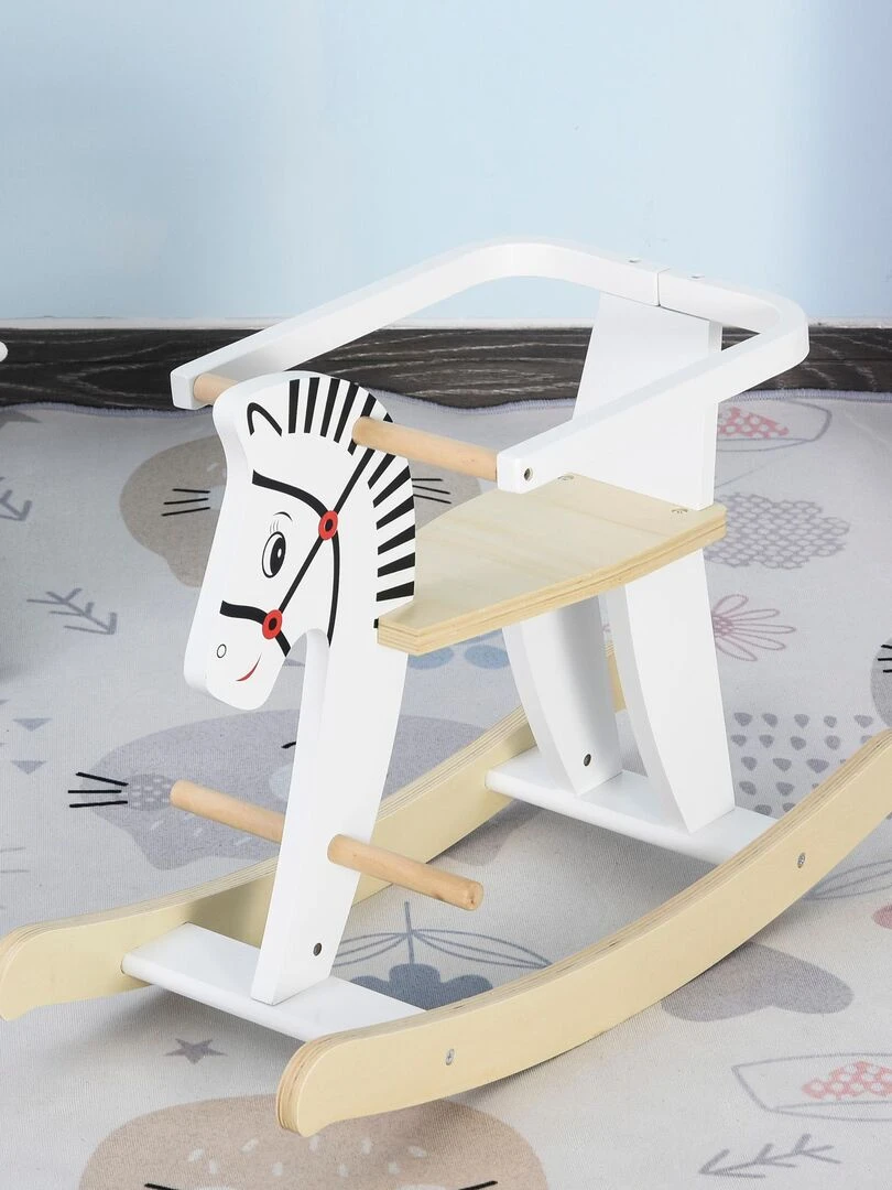 cheval à bascule en bois zèbre poignées repose pied anneau sécurité   Blanc