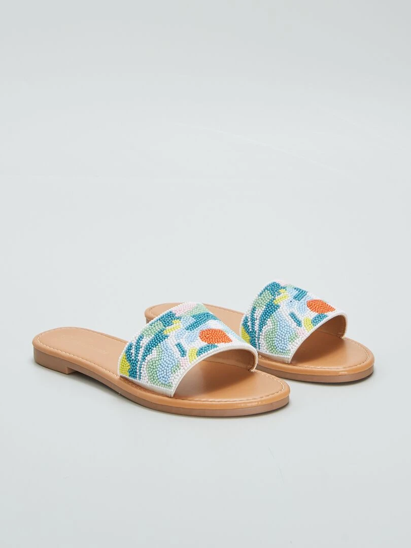 Mules plates avec bride à perles Blanc/bleu/orange