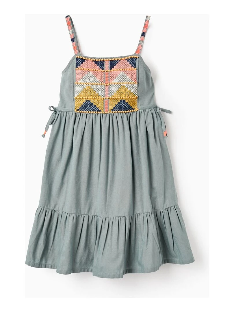 Robe En Coton Et Lin Avec Broderies Et Perles Pour Fille manches courtes Vert