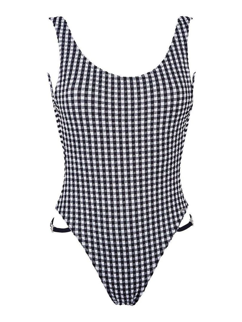 Maillot de bain 1 pièce tanga à carreaux Bijou noble   Noir