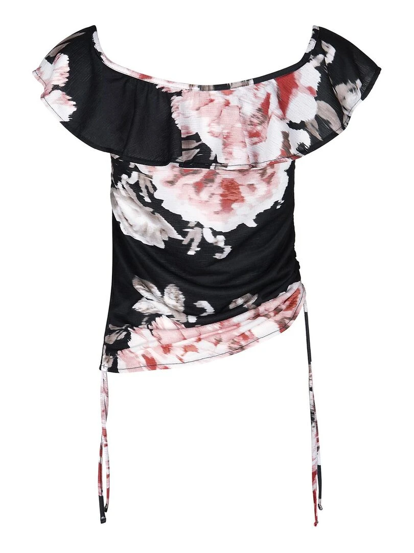 Top froncé épaules tombantes Hawaii   Noir