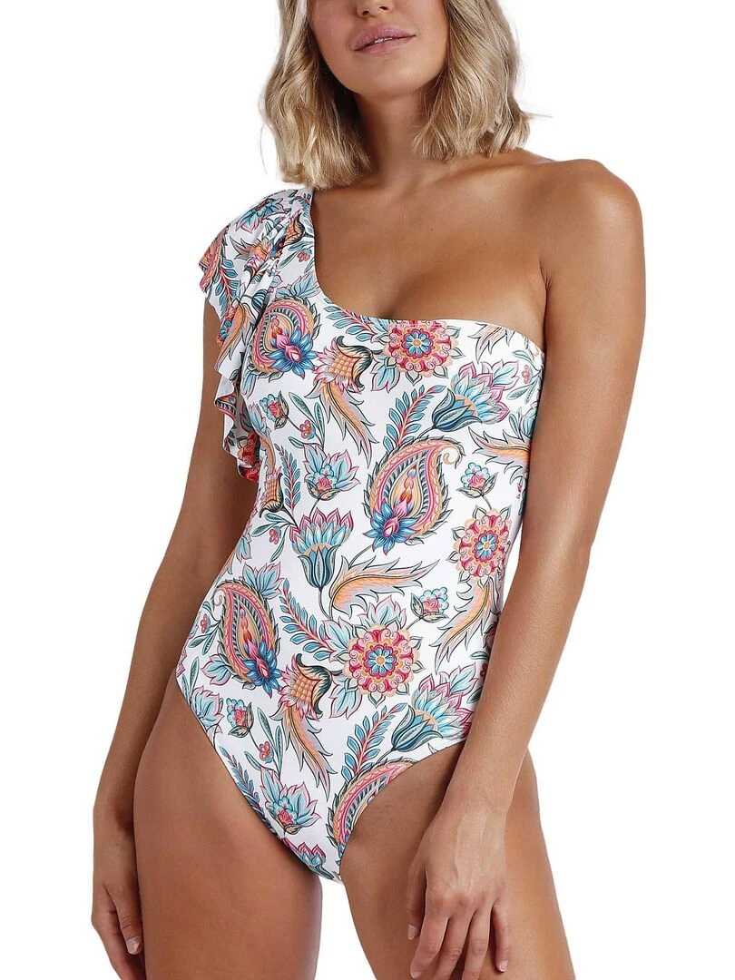 Maillot de bain une pièce asymétrique à volants White Paisley Blanc