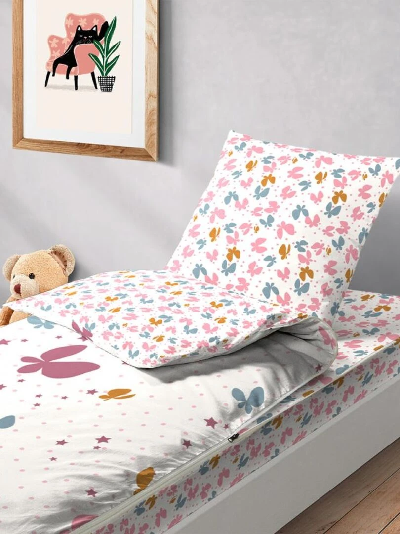 Bleu Câlin Rechange Caradou® Papillons Parure de Lit Enfant Sans Couette 90x190cm Blanc Rose