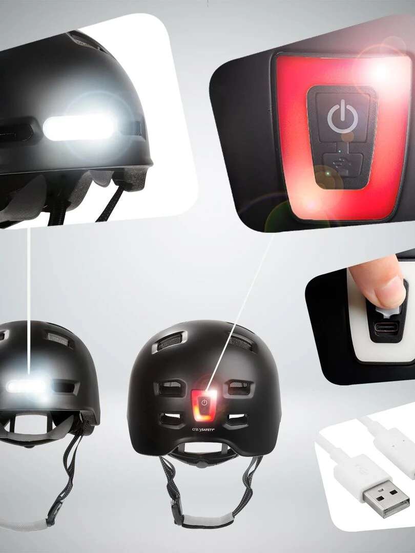 Casque Vélo Skater avec éclairage avant et arrière   Noire L(57 61cm)   EN1078   Noir Noir