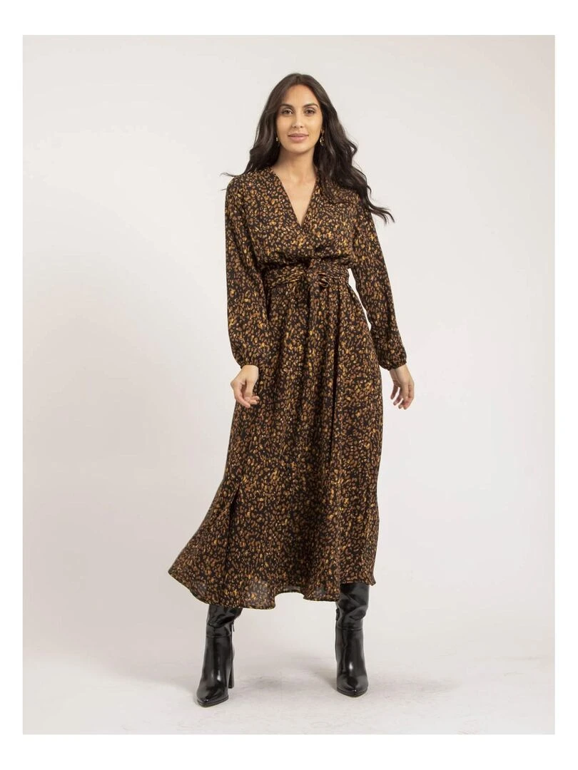 Robe longue motifs ISLAND Marron