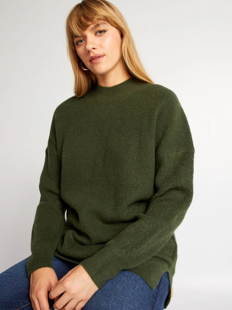Pull en maille côtelée à col montant Vert