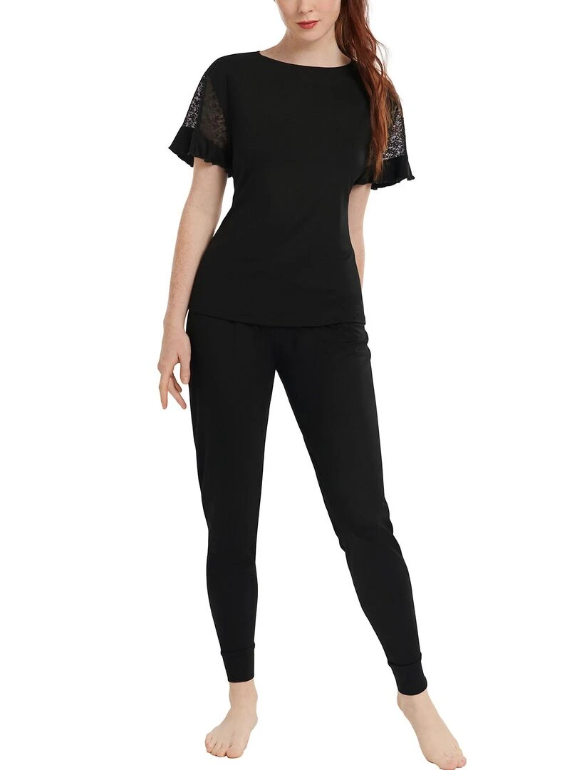 Pyjama pantalon top manches courtes Smooth Noir
