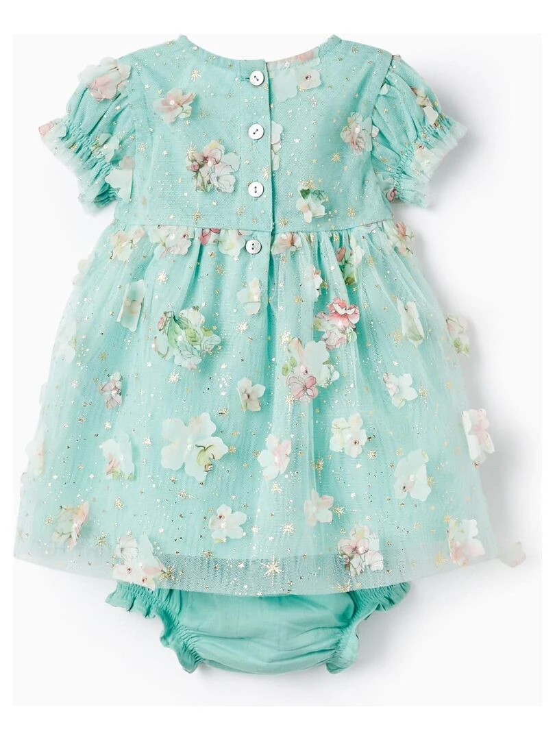 Robe en Tulle et Fleurs + Bloomer pour Nouveau Né manches courtes CÉRÉMONIE Vert