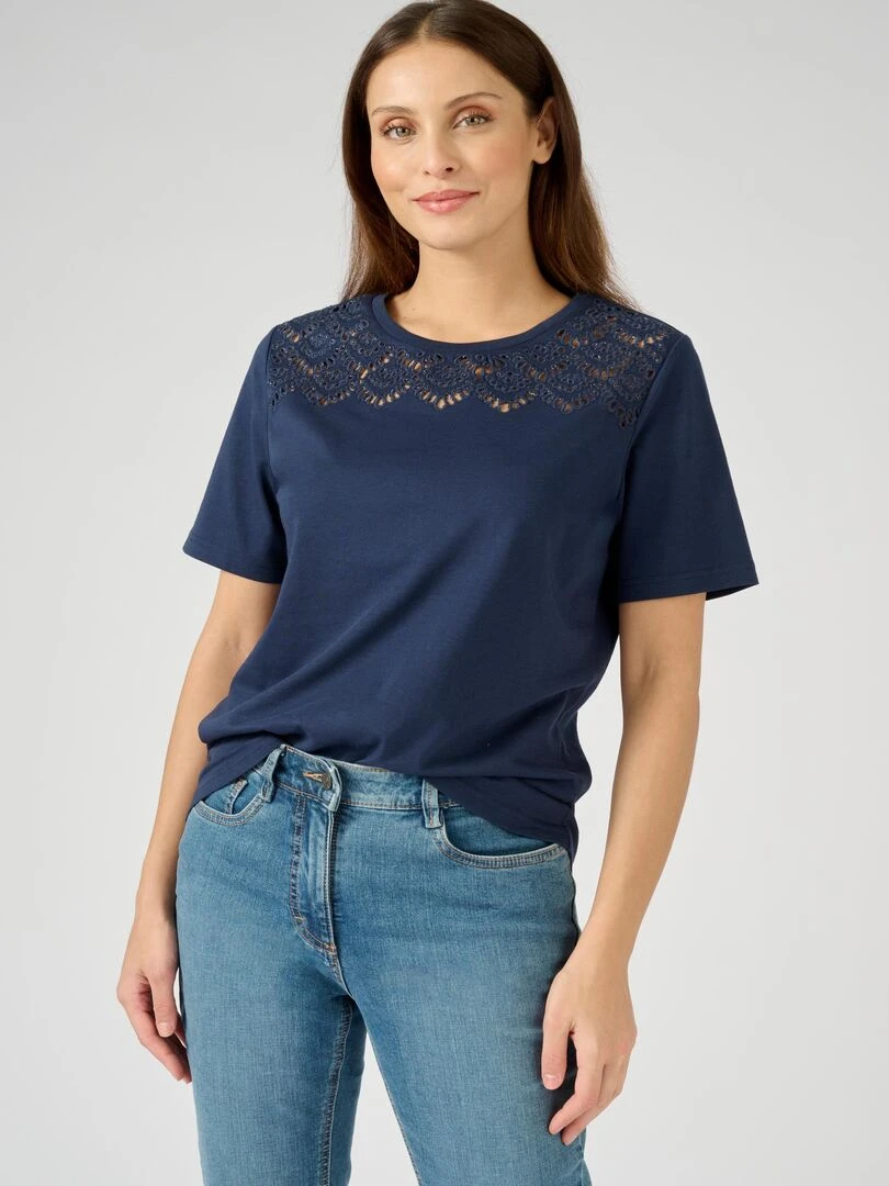 Tee shirt brodé pur coton Damart Bleu marine