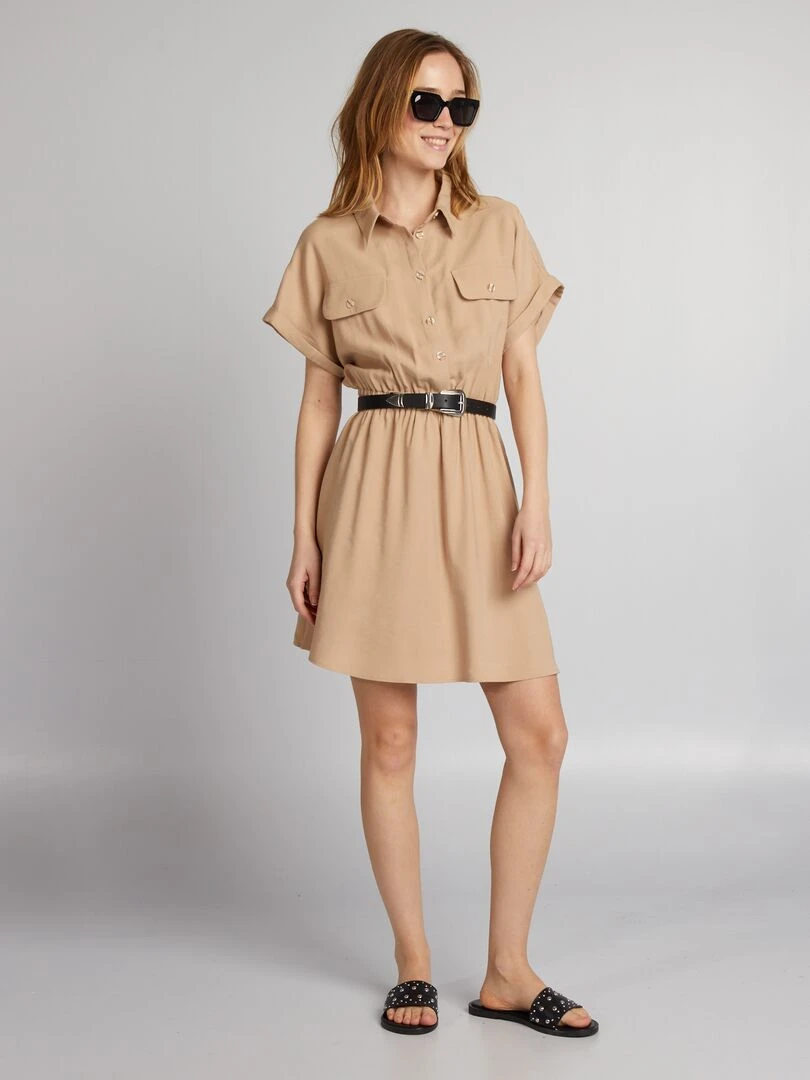 Robe chemise élastiquée Beige