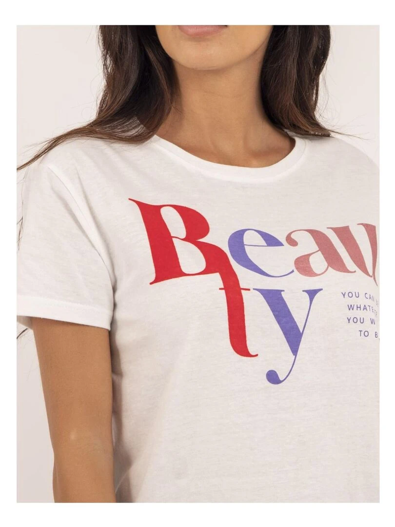 T shirt col rond message FIGUIER   Beige