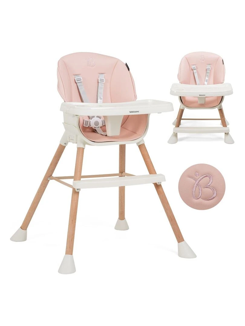 Bebelissimo Chaise haute 5 en 1 Evolutive Réglable bois de Hêtre PVC cuir rose BZ 511 Rose