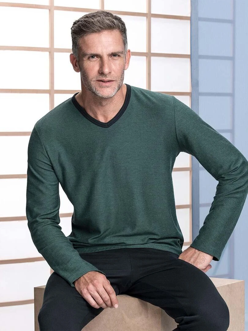 Pyjama long cardé 100% coton à micro motif jacquard Zen   Vert