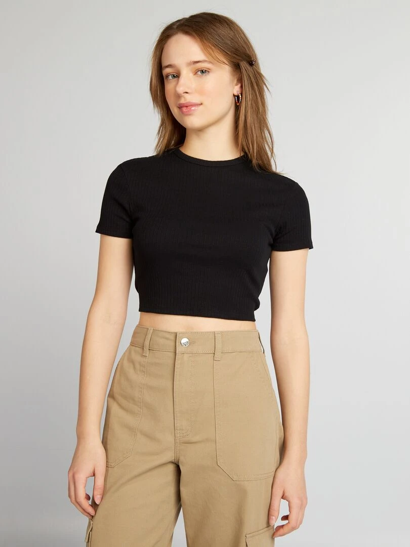 T shirt cropped côtelé avec liens noir